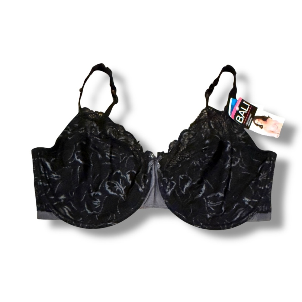 Bali Black Floral Lace Lined Support Underwire Bra Sz 42DDD (42F) NEW